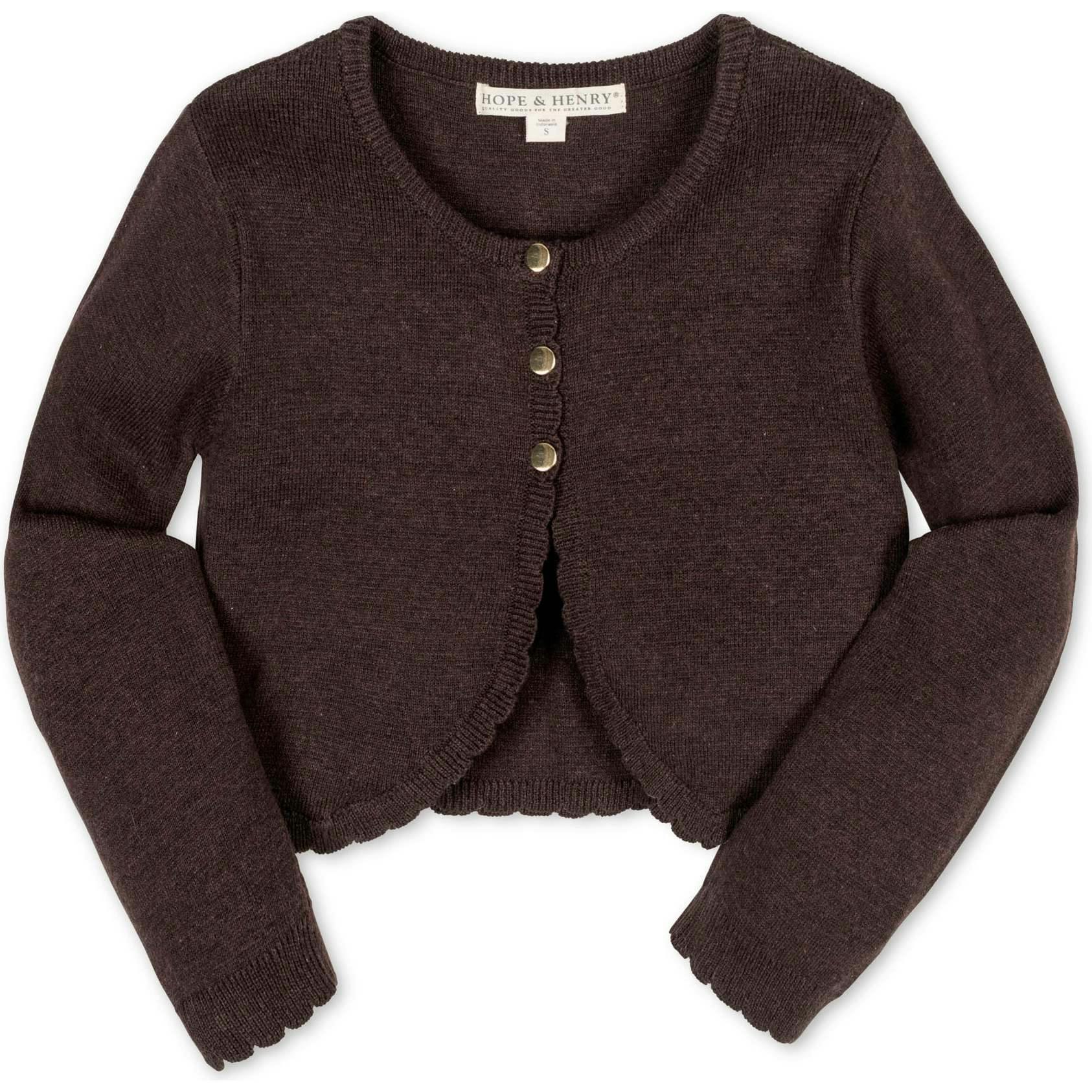 Organic Cropped Scallop Edge Sweater Cardigan, Brown