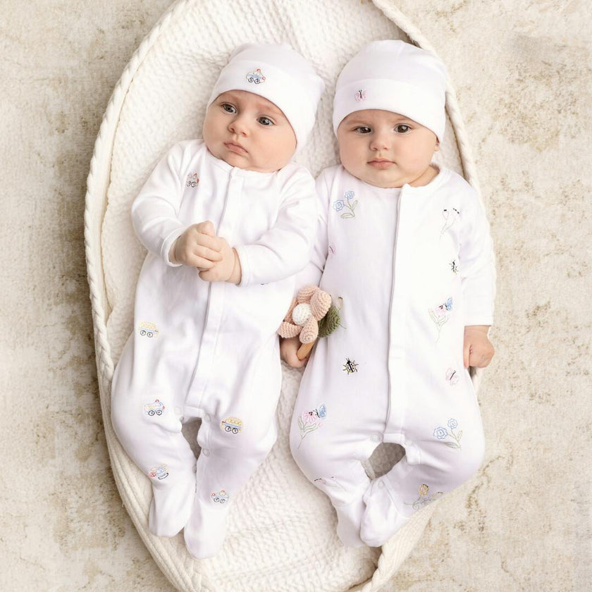Vehicle Embroidered Cotton Romper w/Hat White