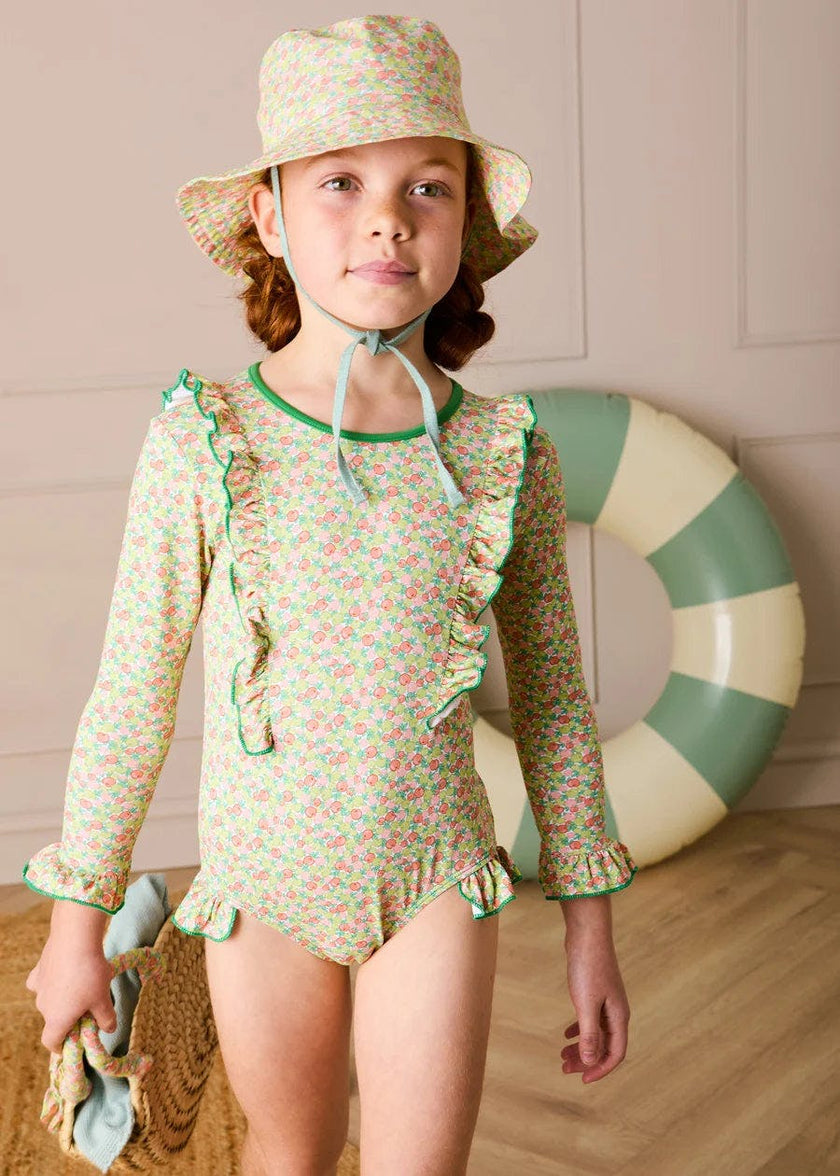 Annie Apple Print Ruffle Detail Long Sleeve Swimsuit in Green (12mths- 10yrs)