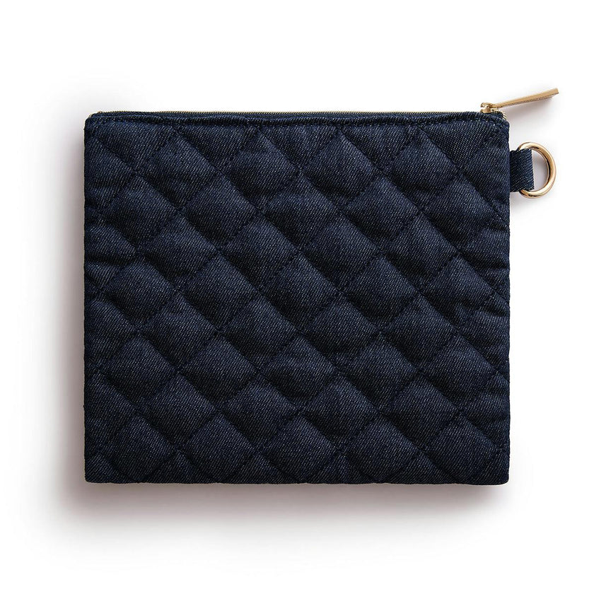 Packed Party Denim and Gems Bejeweled Everything Pouch - Quilted Denim with Multicolor Gemstones and Gold Zipper Pull, Spot Clean, 8.75x7.65 Inch