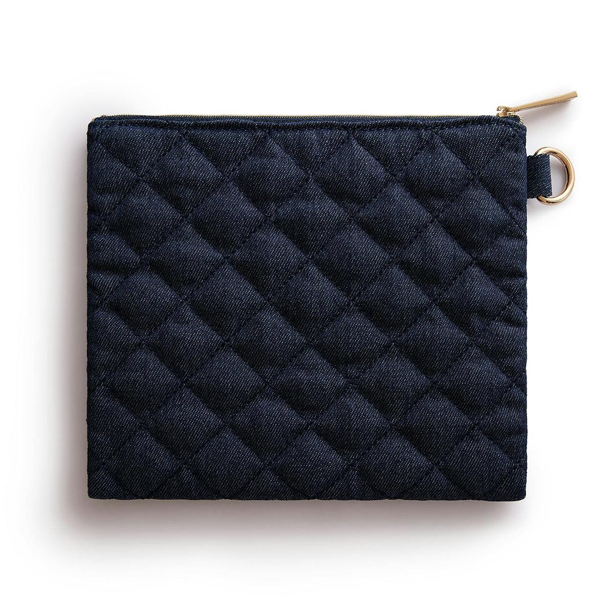 Packed Party Denim and Gems Bejeweled Everything Pouch - Quilted Denim with Multicolor Gemstones and Gold Zipper Pull, Spot Clean, 8.75x7.65 Inch
