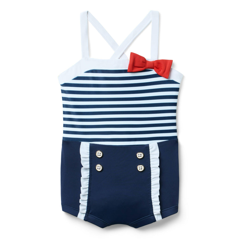 Retro Stripe Bow Swimsuit, red