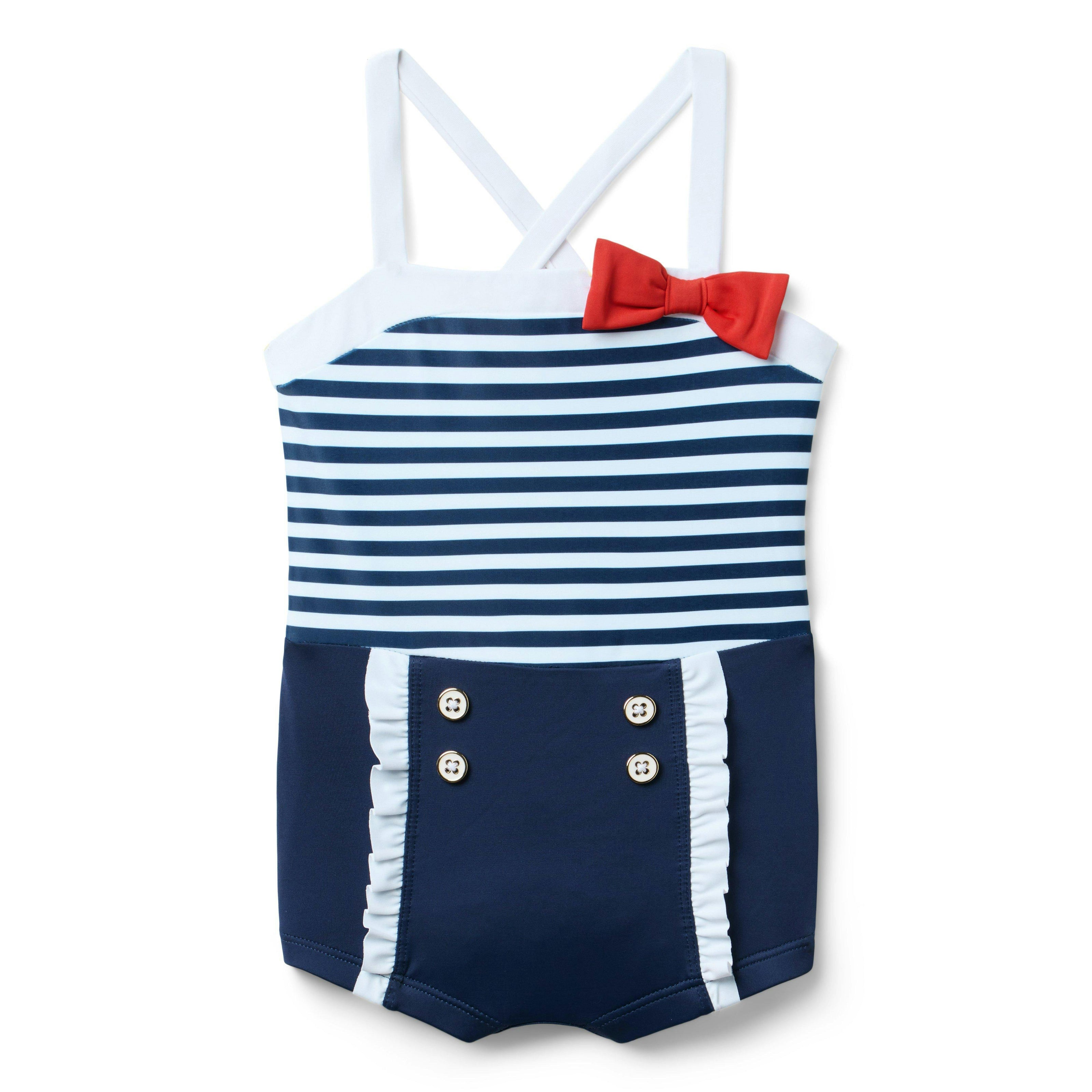 Retro Stripe Bow Swimsuit, red