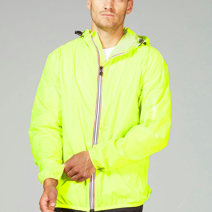 Yellow fluo full zip packable rain jacket and windbreaker