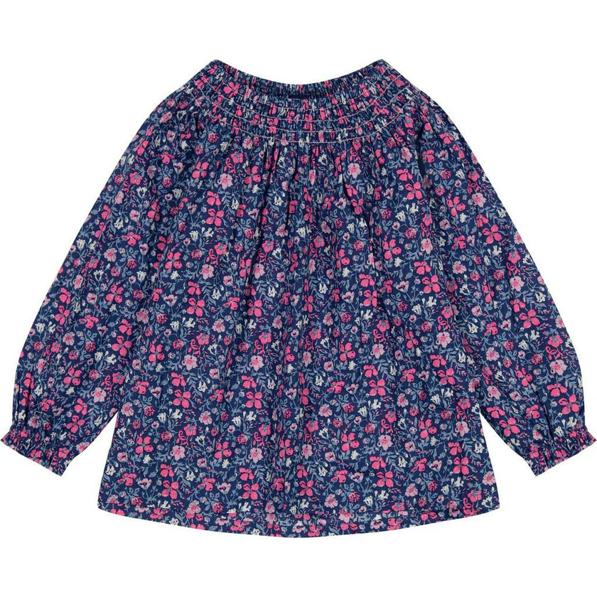 Georgina Floral Long Bubble Cuff Sleeve Smocked Top, Pink