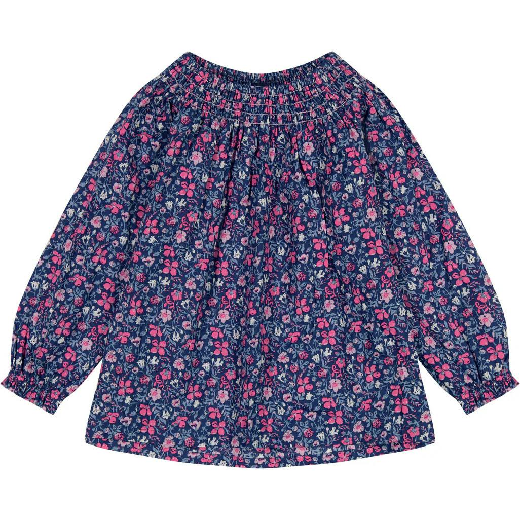 Georgina Floral Long Bubble Cuff Sleeve Smocked Top, Pink