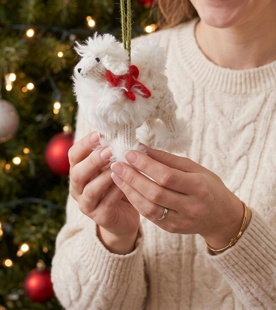 White Poodle Hand Knit Christmas Ornament