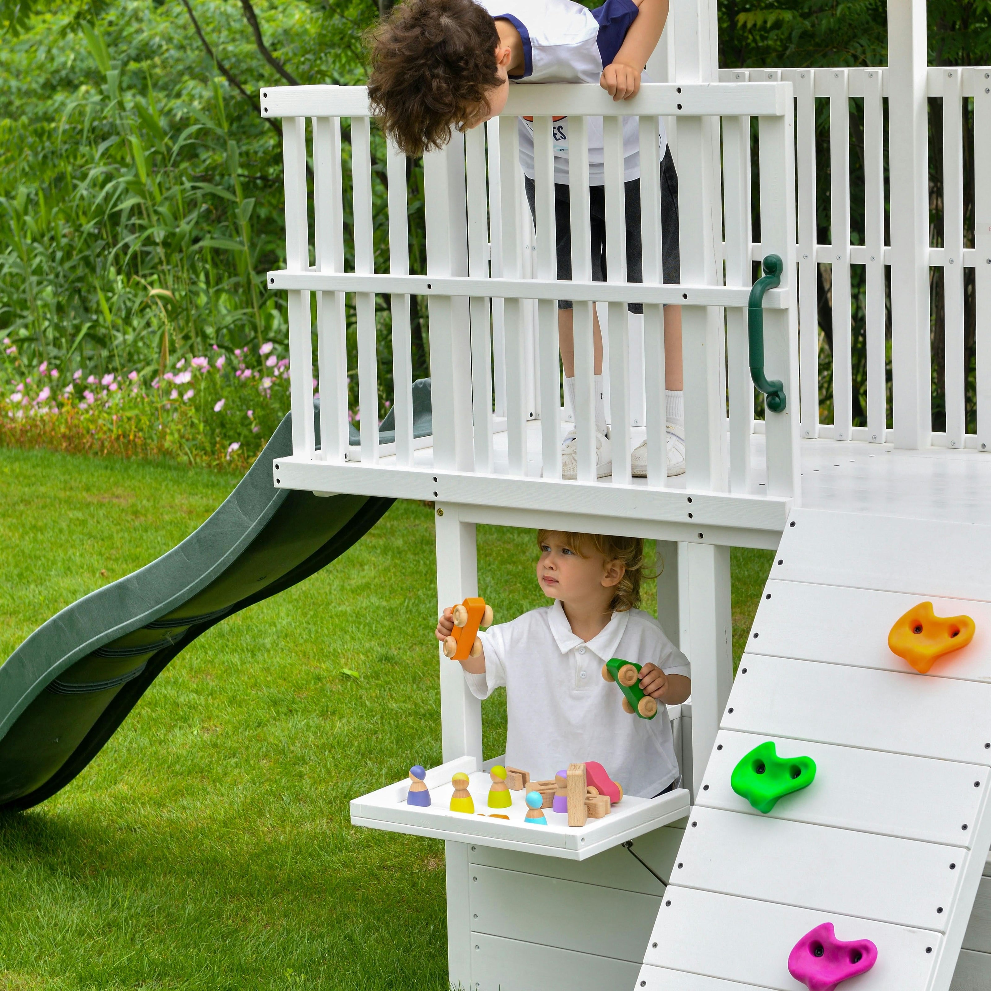 Craftsman | Modern Wooden Swing Set with Slide, Climber & Sandbox