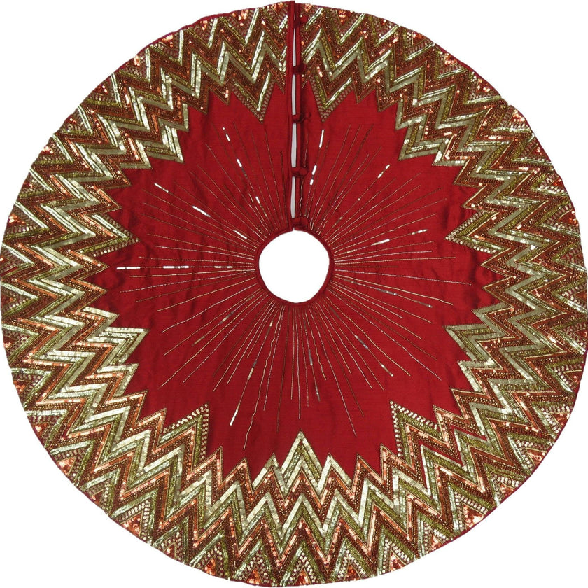 Handmade Christmas Tree Skirt - Hand Beaded Metallic Starburst on Garnet Red- 60"
