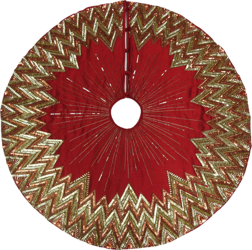 Hand Beaded Metallic Starburst Garnet Red Christmas Tree Skirt 60"