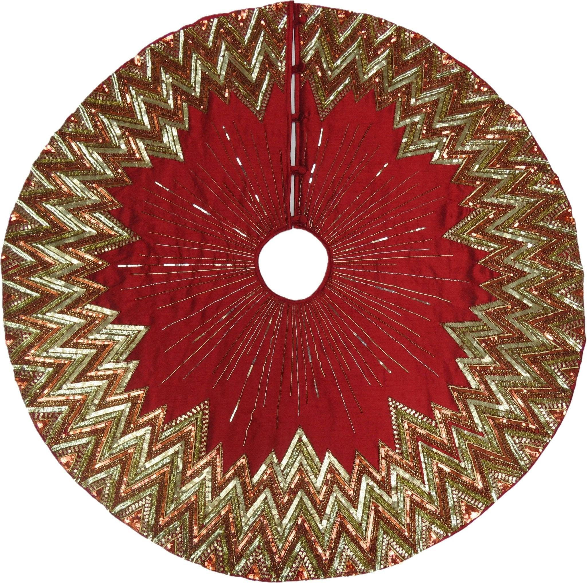 Handmade Christmas Tree Skirt - Hand Beaded Metallic Starburst on Garnet Red- 60