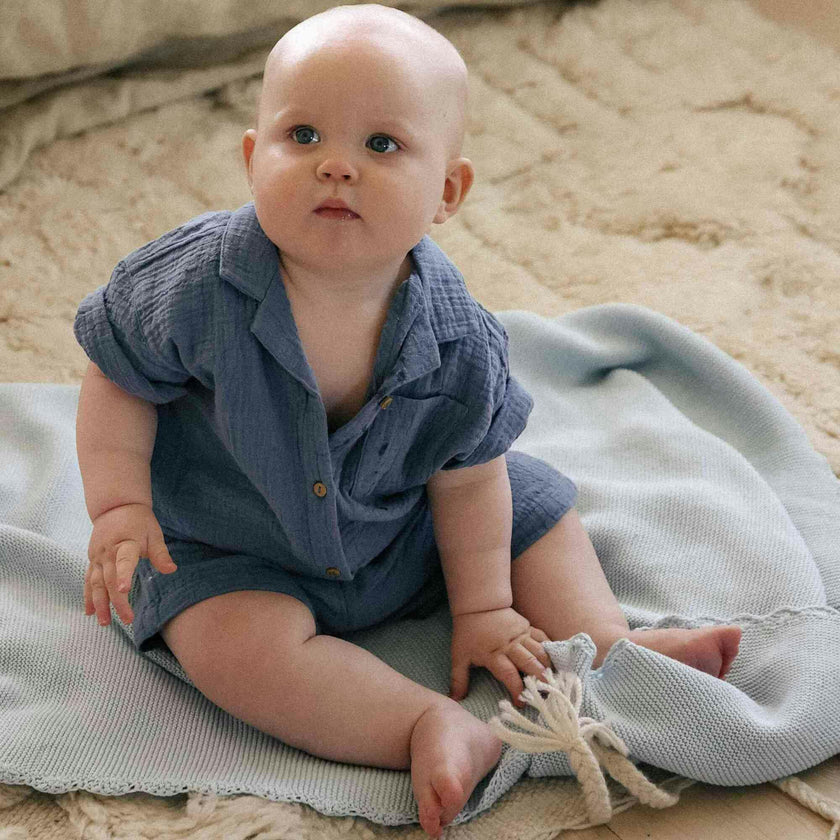 Cotton Knit Blanket, Blue