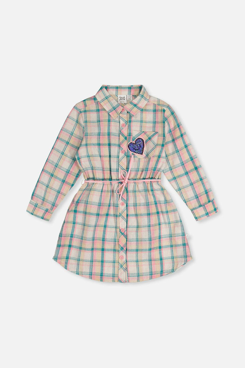 Shirt Dress with Belt Green and Pink Plaid
