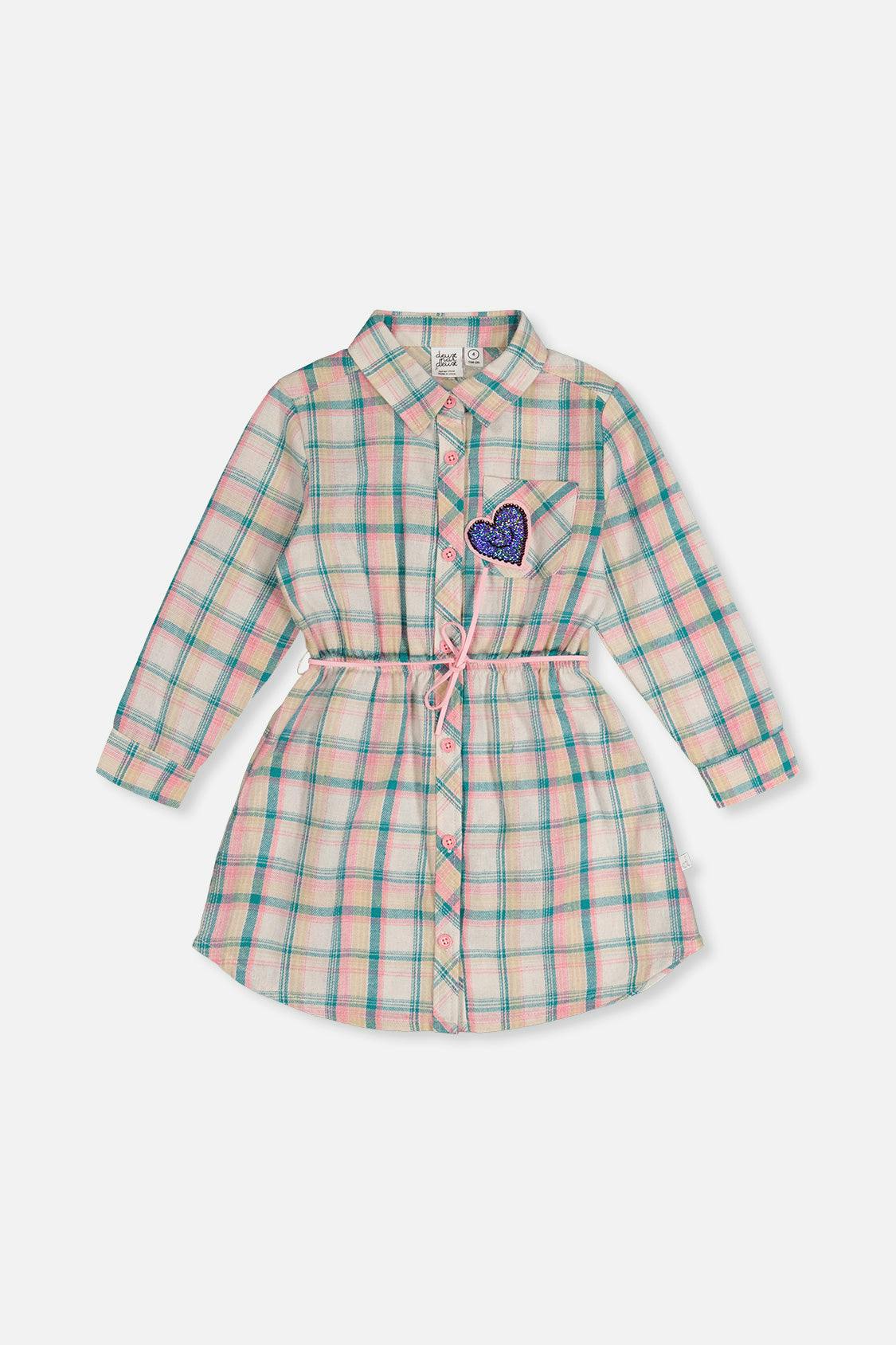 Shirt Dress with Belt Green and Pink Plaid