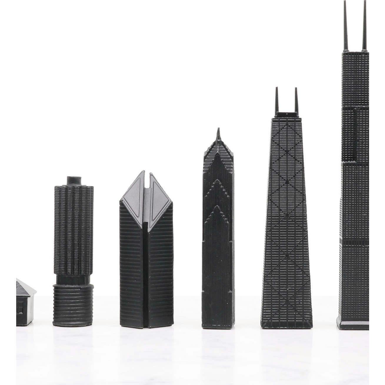 Chess Set Stainless Steel CHICAGO with Wood Map Board