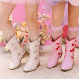 Cowgirl White + Pink Bow Boots, White