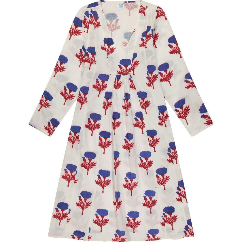 Women's Floral Block Print V-Neck Fit-N-Flare Long Sleeve Dress, White