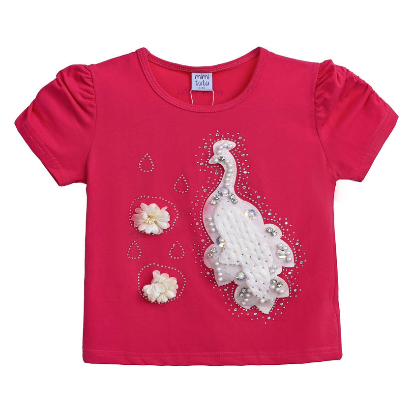 Pink Raspberry Peacock Applique T-Shirt