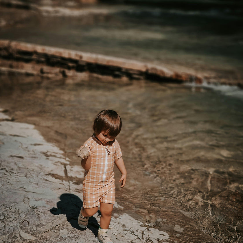 Short Sleeve Rashguard Swimsuit | UPF + Recycled - Buckwheat Plaid