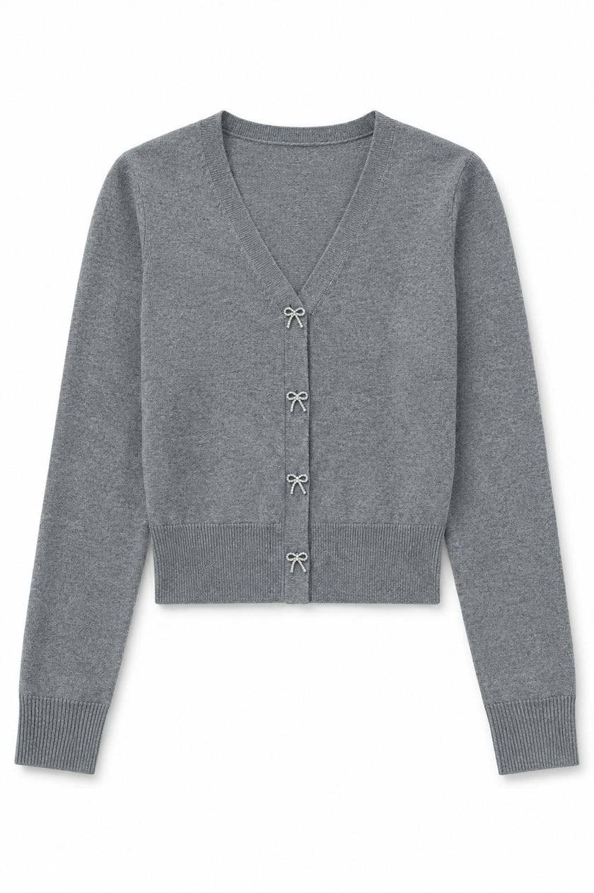 Mickey Mid Grey With Bow Diamond Buttons Sweater Cardigan