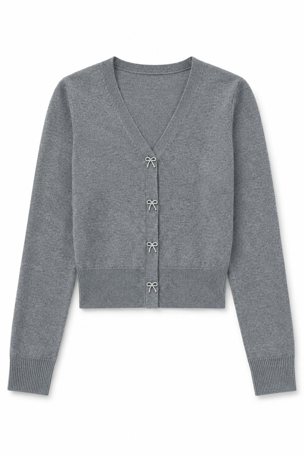 Mickey Mid Grey With Bow Diamond Buttons Sweater Cardigan