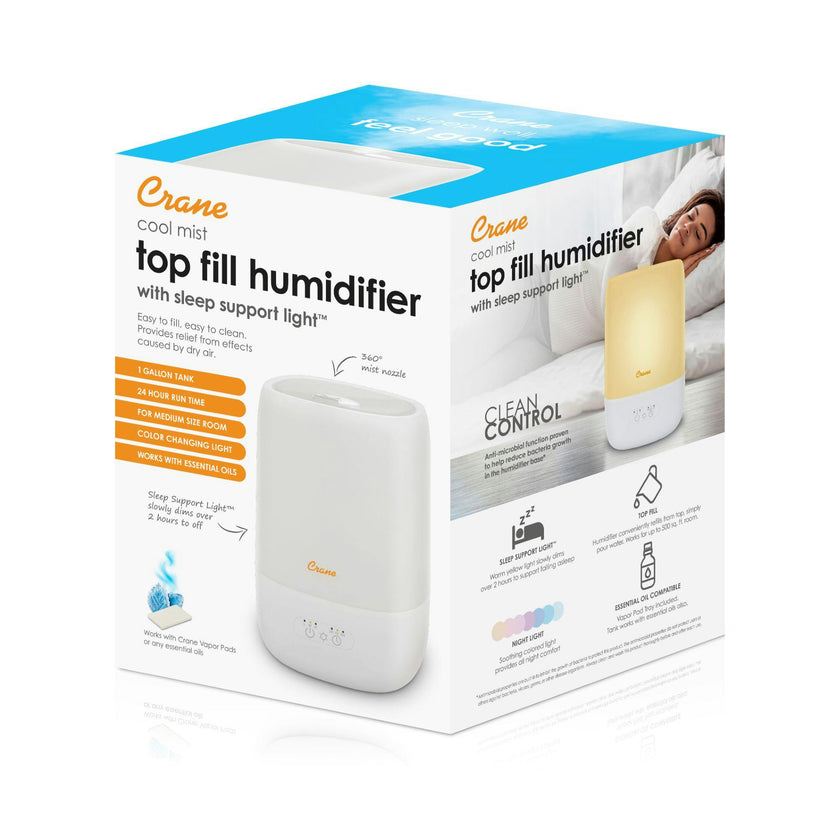 Top Fill Cool Mist Humidifier, 1 Gallon with Sleep Support Light & Essential Oil Tray