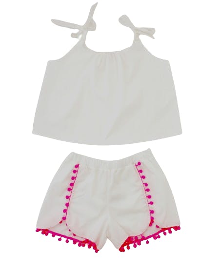 Chiara Set Cotton Two Piece Top and Pants with Pompom Pink