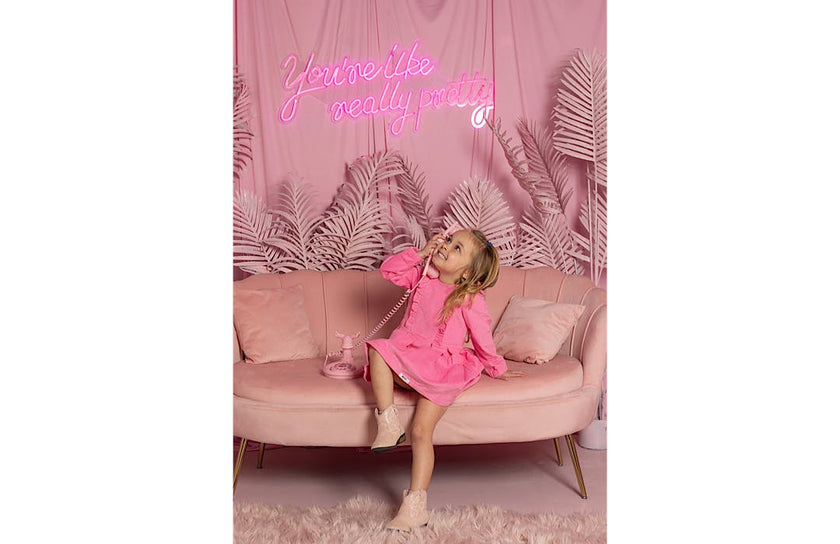 Long Sleeve Ruffle Dress in Pink Corduroy