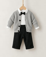 Gray 3-Piece Cardigan, Bow Tie Bodysuit & Trouser Set