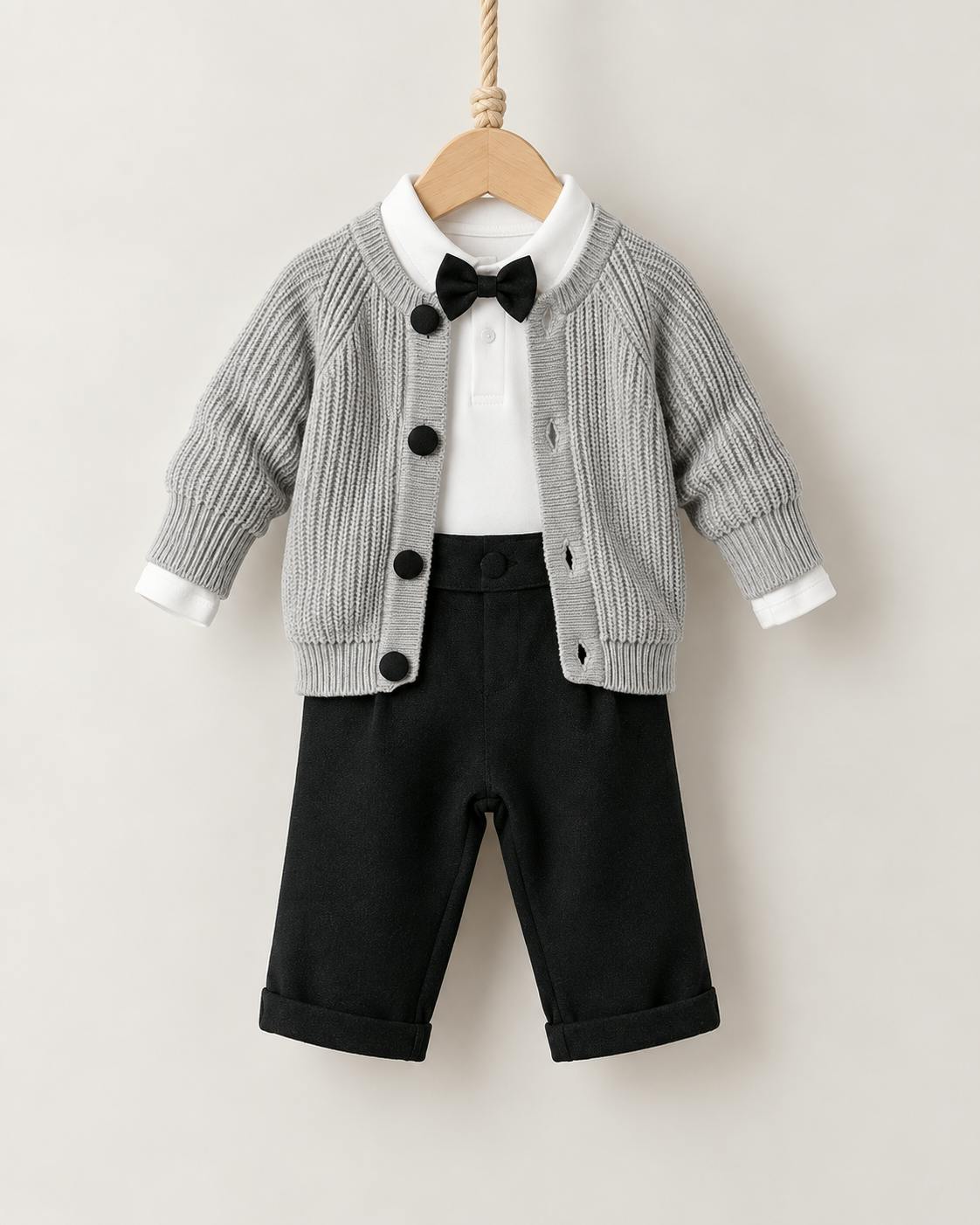 Gray 3-Piece Cardigan, Bow Tie Bodysuit & Trouser Set
