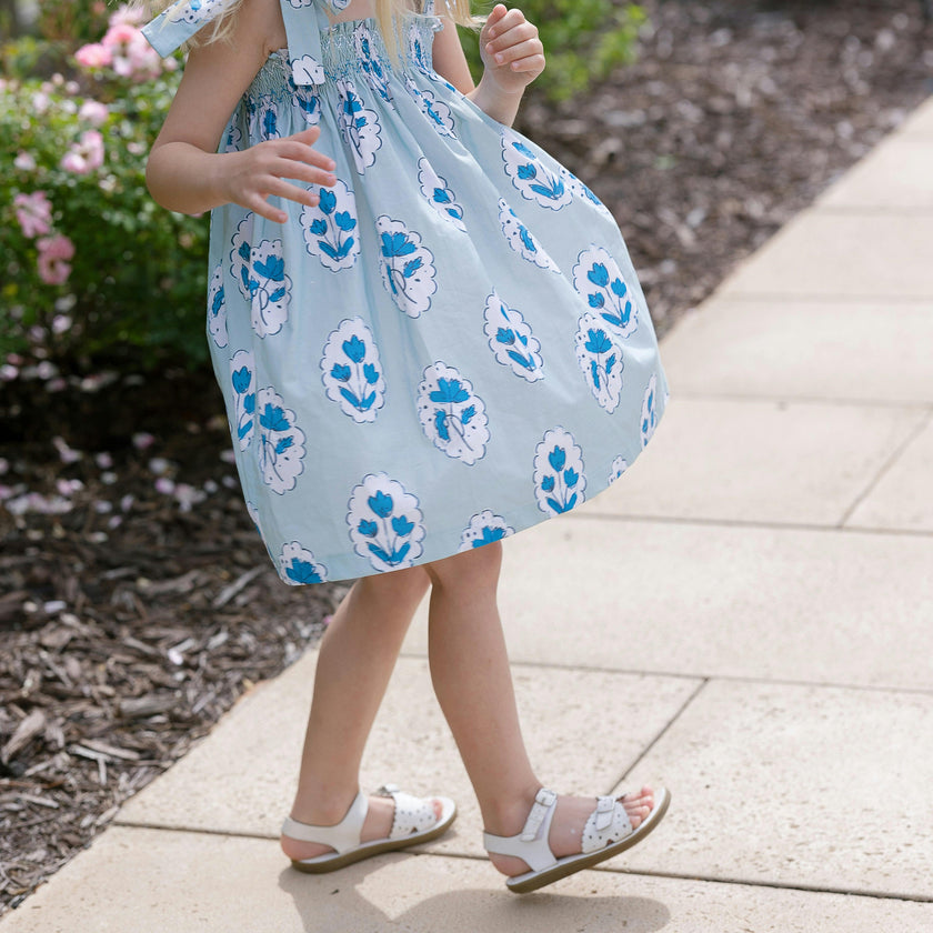 Teatime Dress | Smocked Tie Top | Medallion Flower Blue