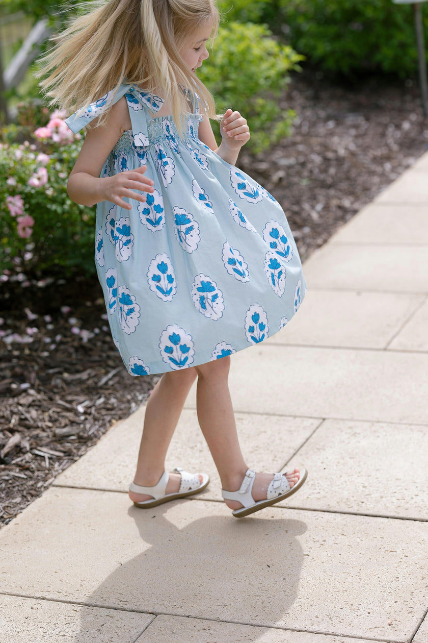 Teatime Dress | Smocked Tie Top | Medallion Flower Blue