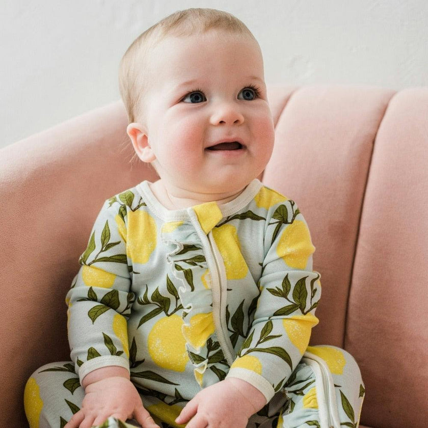 Lemon Organic Cotton Ruffle Zipper Footed Romper