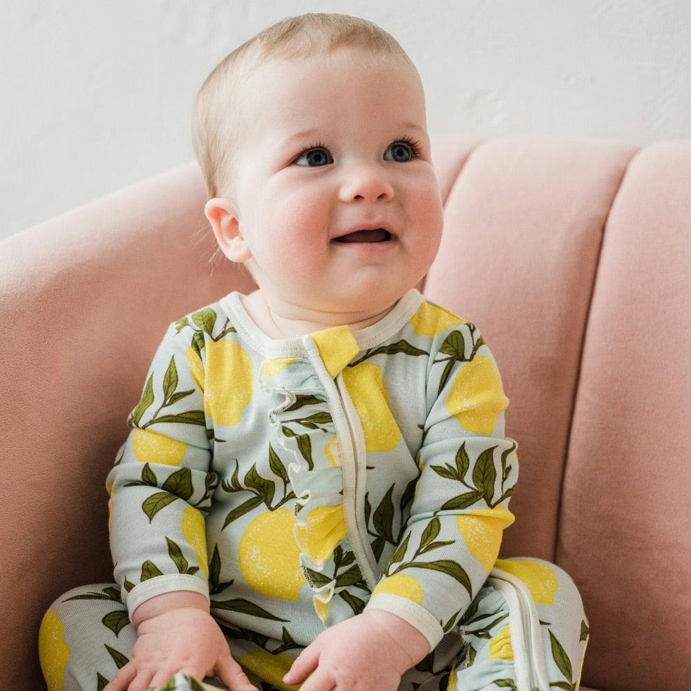 Lemon Organic Cotton Ruffle Zipper Footed Romper