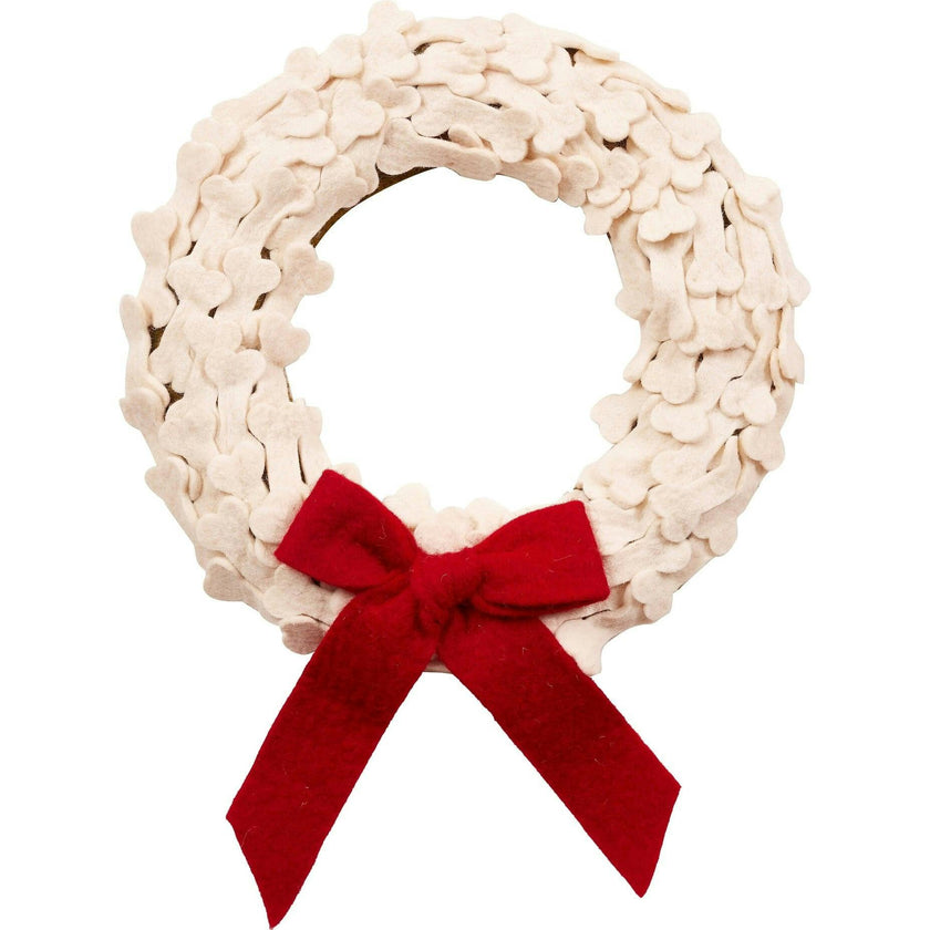 Dog Bones Red Bow Handmade Hand Felted Wool Wreath - 14"