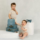 Boys Pointelle Striped Knit Romper Ecru