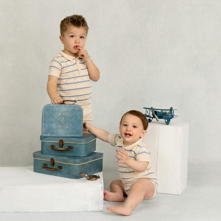 Boys Pointelle Striped Knit Romper Ecru