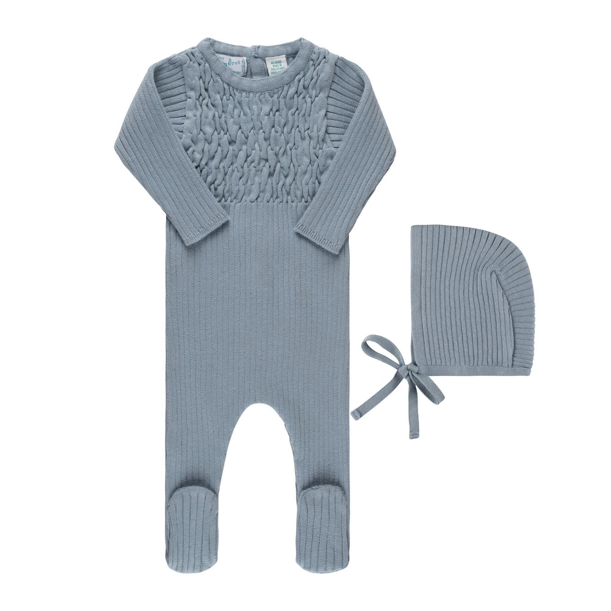Baby Smocked Ribbed Knit Romper & Bonnet Vintage Blue