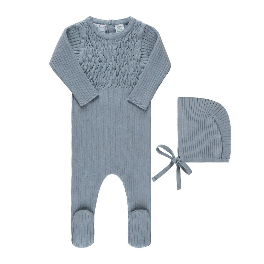 Baby Smocked Ribbed Knit Romper & Bonnet Vintage Blue
