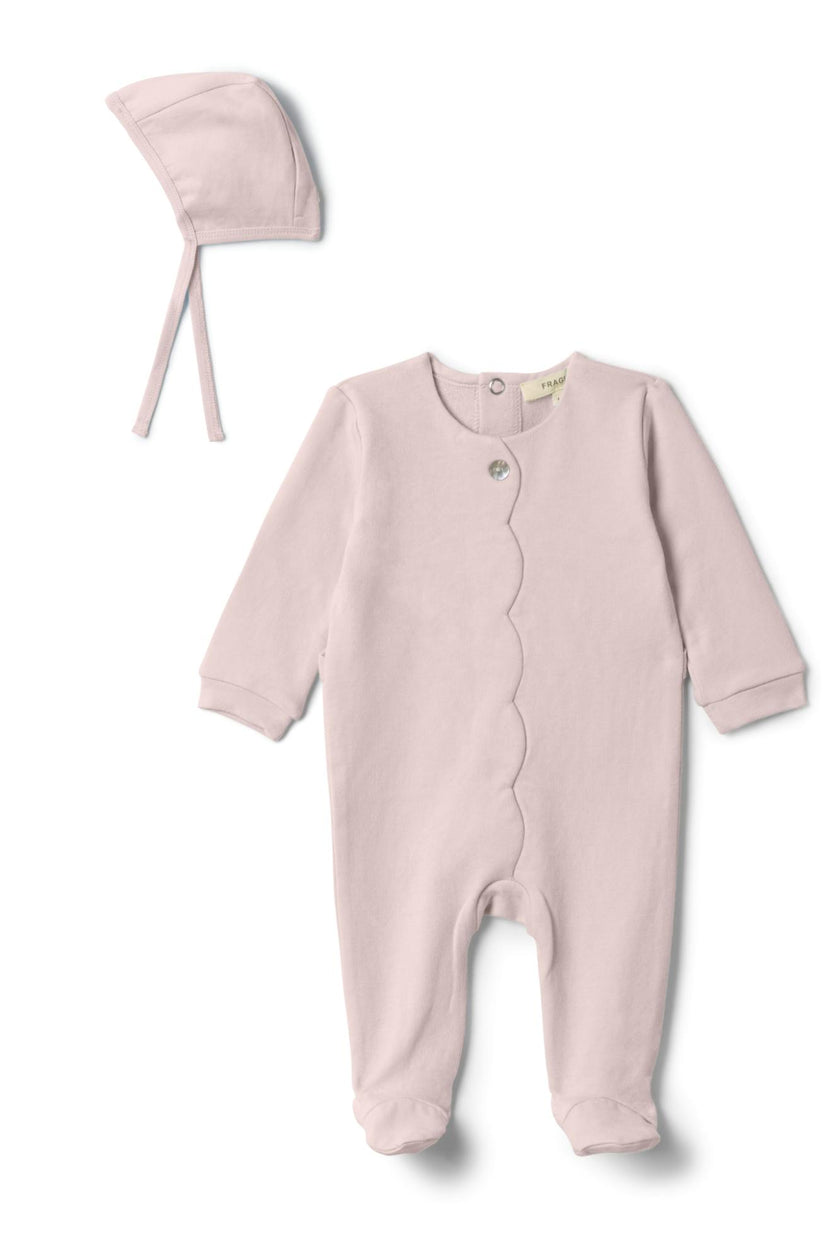 Cotton Scalloped Snap Front Romper and Bonnet Two Piece Set