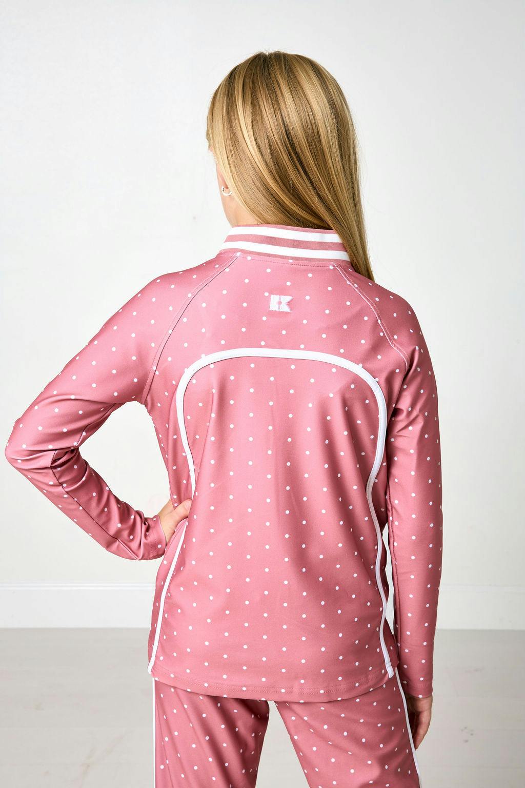 girls dusty pink polka dot retro half-zip