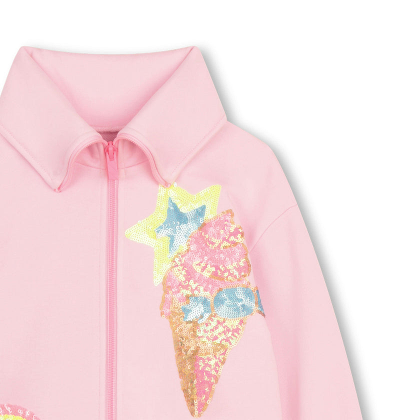 Light Pink Zip‑Up Cardigan with Sequin Motifs
