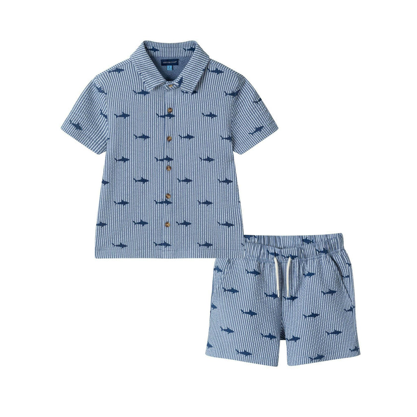 Boys Short Sleeve Cabana Set | Navy Stripe Shark