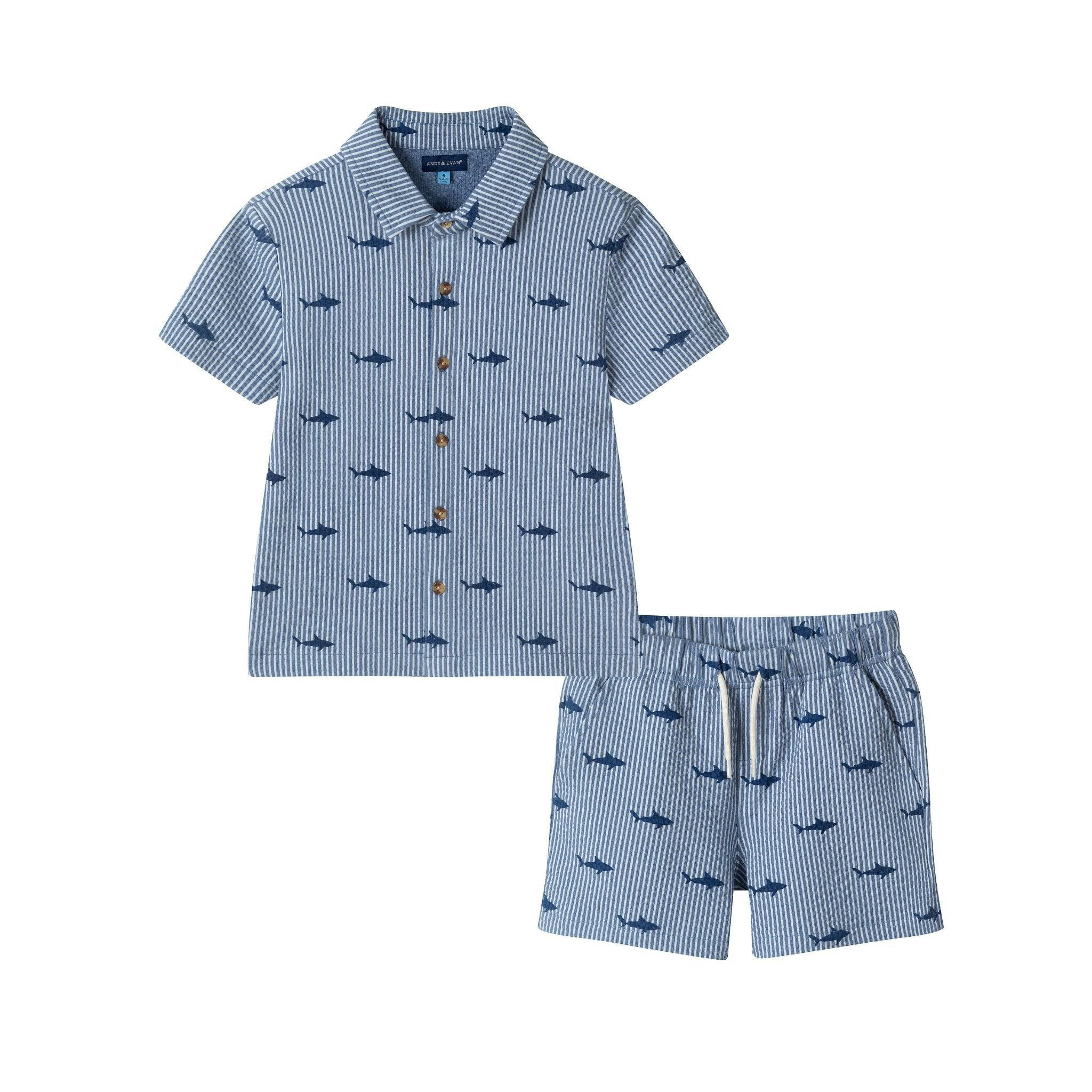Boys Short Sleeve Cabana Set | Navy Stripe Shark