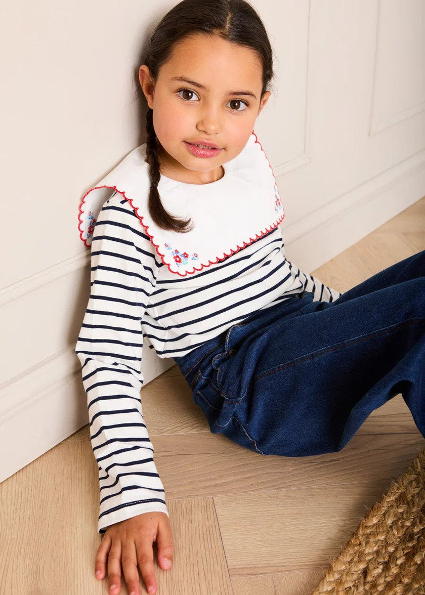 Sailor Stripe Floral Embroidered Mariner Collar Top in White (2-12yrs)