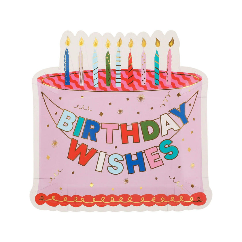 Packed Party Make a Wish Birthday Dessert Plates 10ct - Gold Foil Colorful Cake Design Party Plates, 8 Inch, 350 GSM