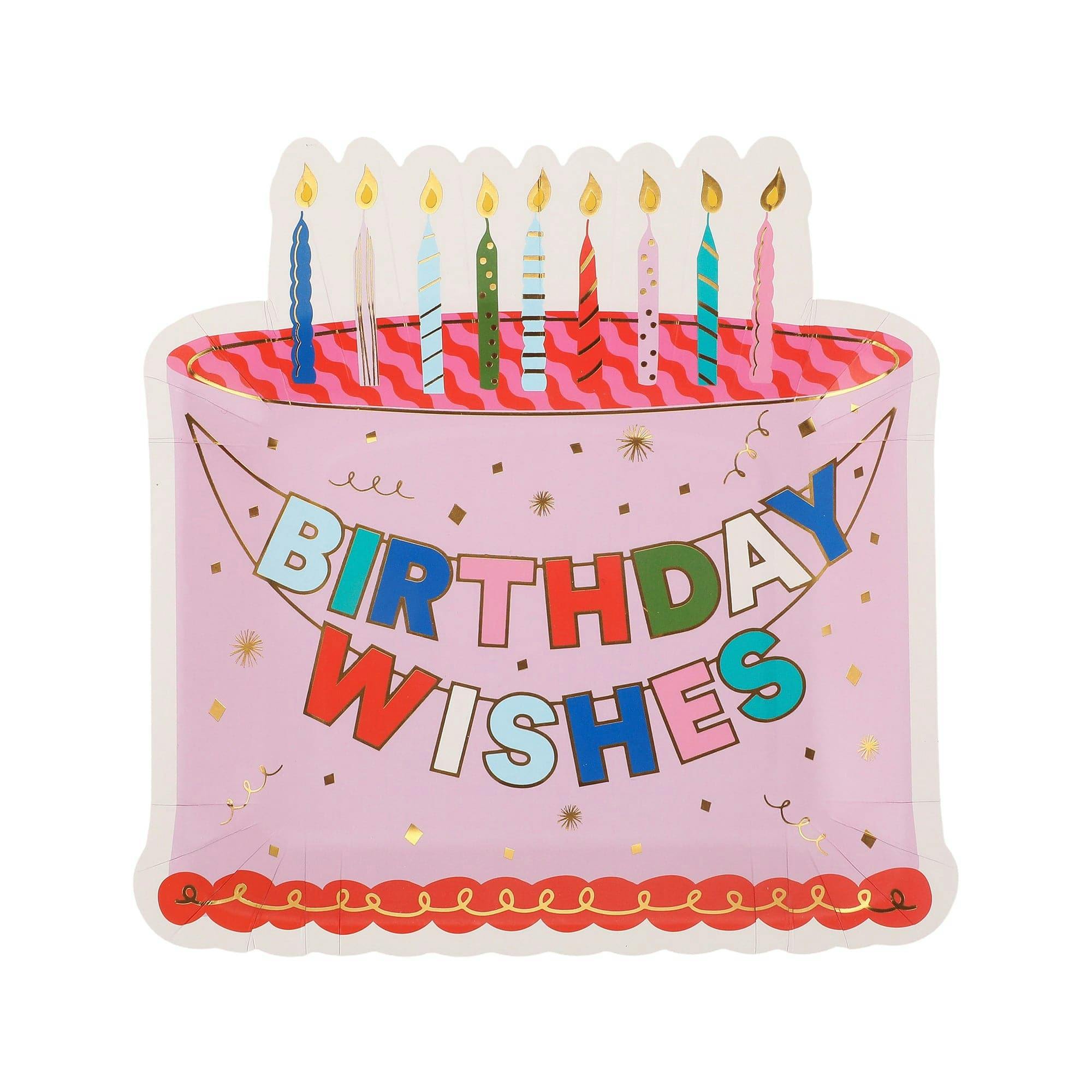 Packed Party Make a Wish Birthday Dessert Plates 10ct - Gold Foil Colorful Cake Design Party Plates, 8 Inch, 350 GSM