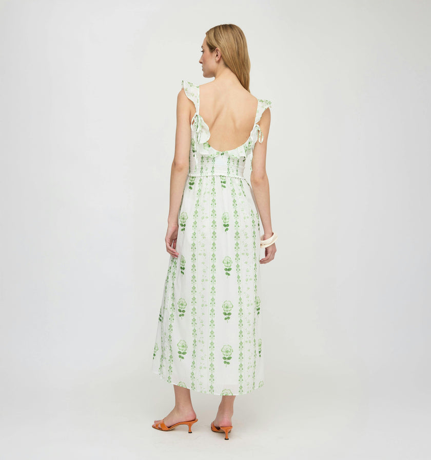 The Cambria Nap Dress - White/Green Arcadia Border