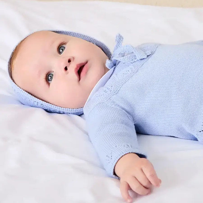 Diamond Openwork Three Piece Knitted Set in Light Blue (1-9mths)