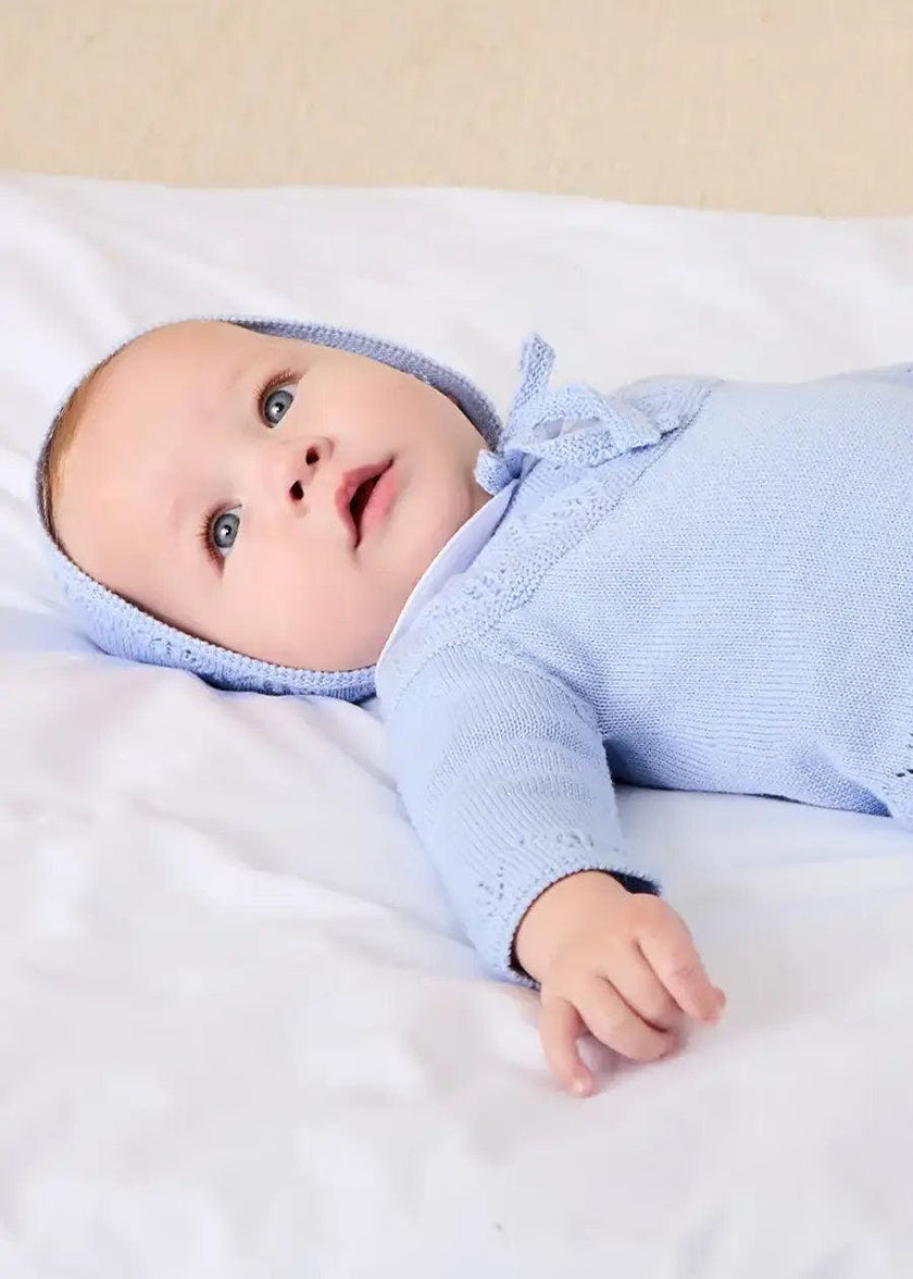 Diamond Openwork Three Piece Knitted Set in Light Blue (1-9mths)